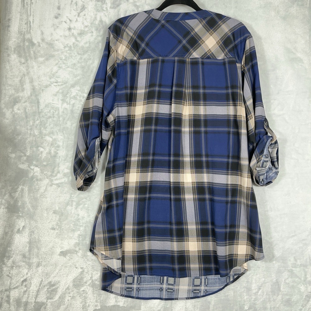 Torrid Harper Tunic Top Womens 2 Blue Plaid Roll Tab Sleeve Blouse Office Casual - Picture 9 of 12
